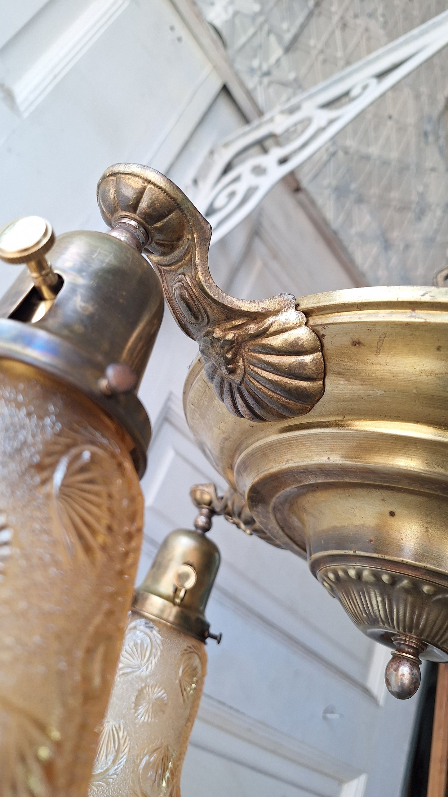 Antique Bronze Chandelier, Pink Glass Shades, Four Arm Pan Light