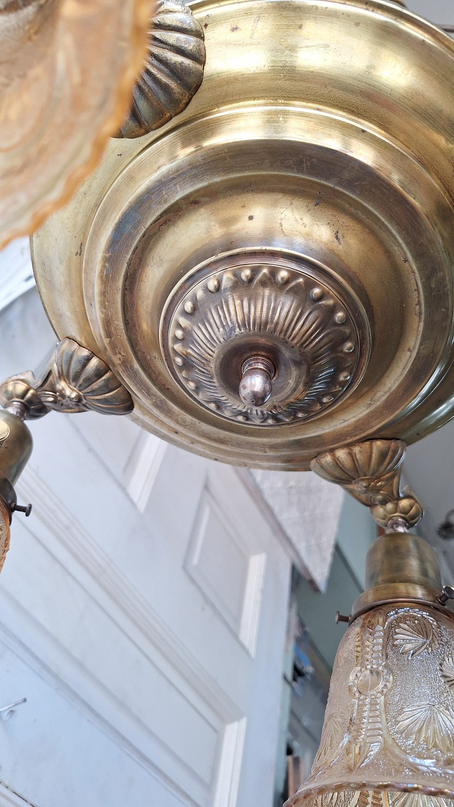 Antique Bronze Chandelier, Pink Glass Shades, Four Arm Pan Light