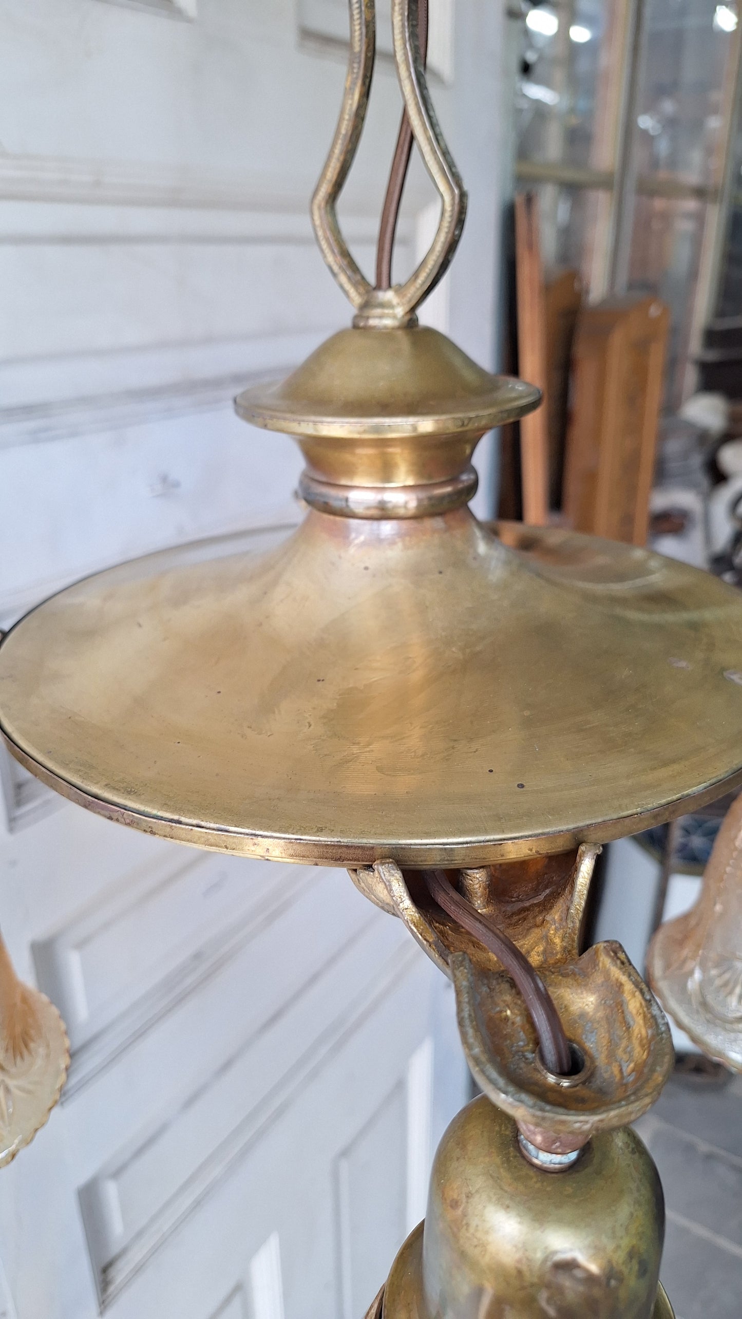 Antique Bronze Chandelier, Pink Glass Shades, Four Arm Pan Light