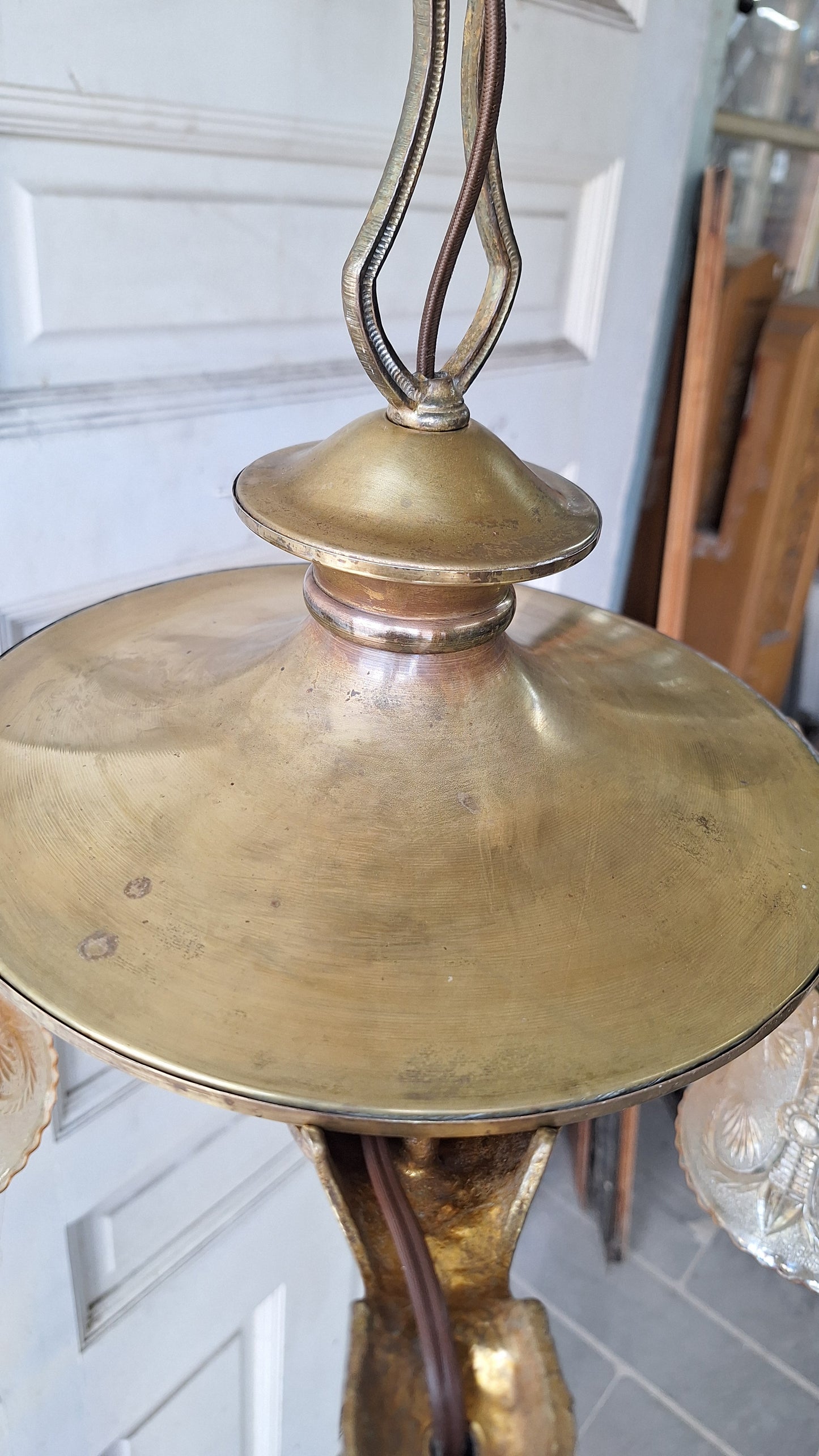 Antique Bronze Chandelier, Pink Glass Shades, Four Arm Pan Light