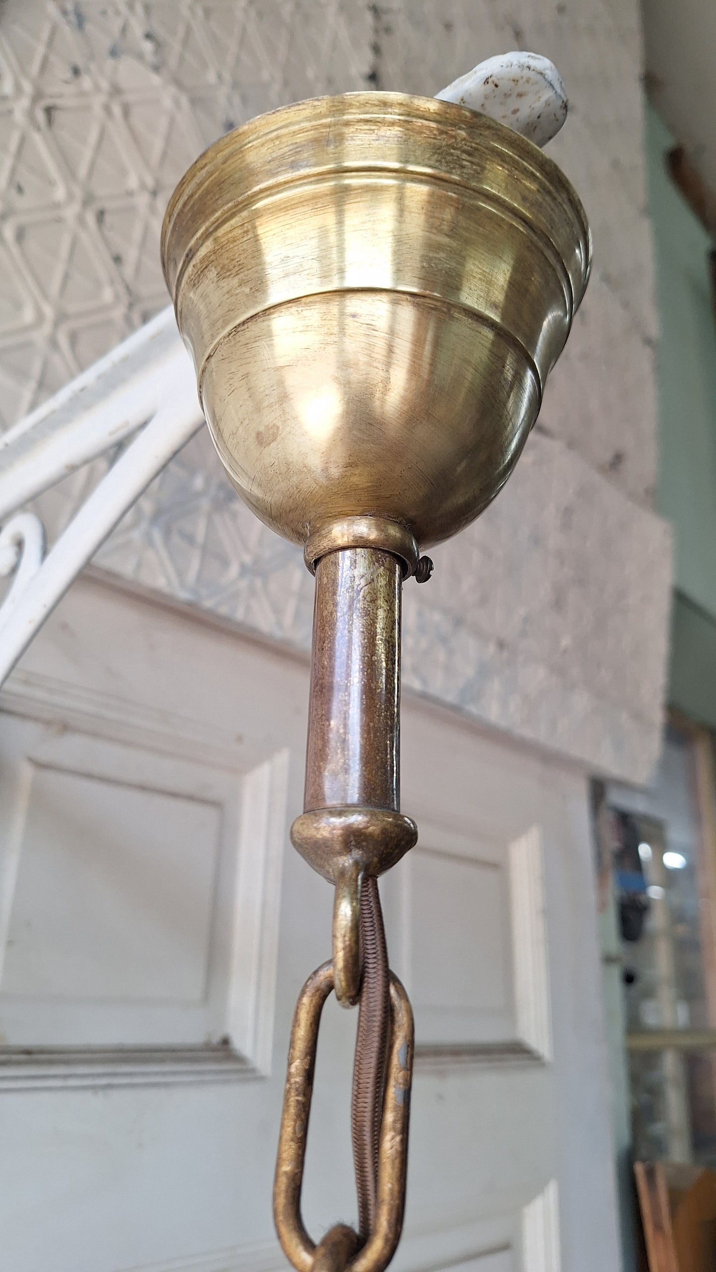 Antique Bronze Chandelier, Pink Glass Shades, Four Arm Pan Light