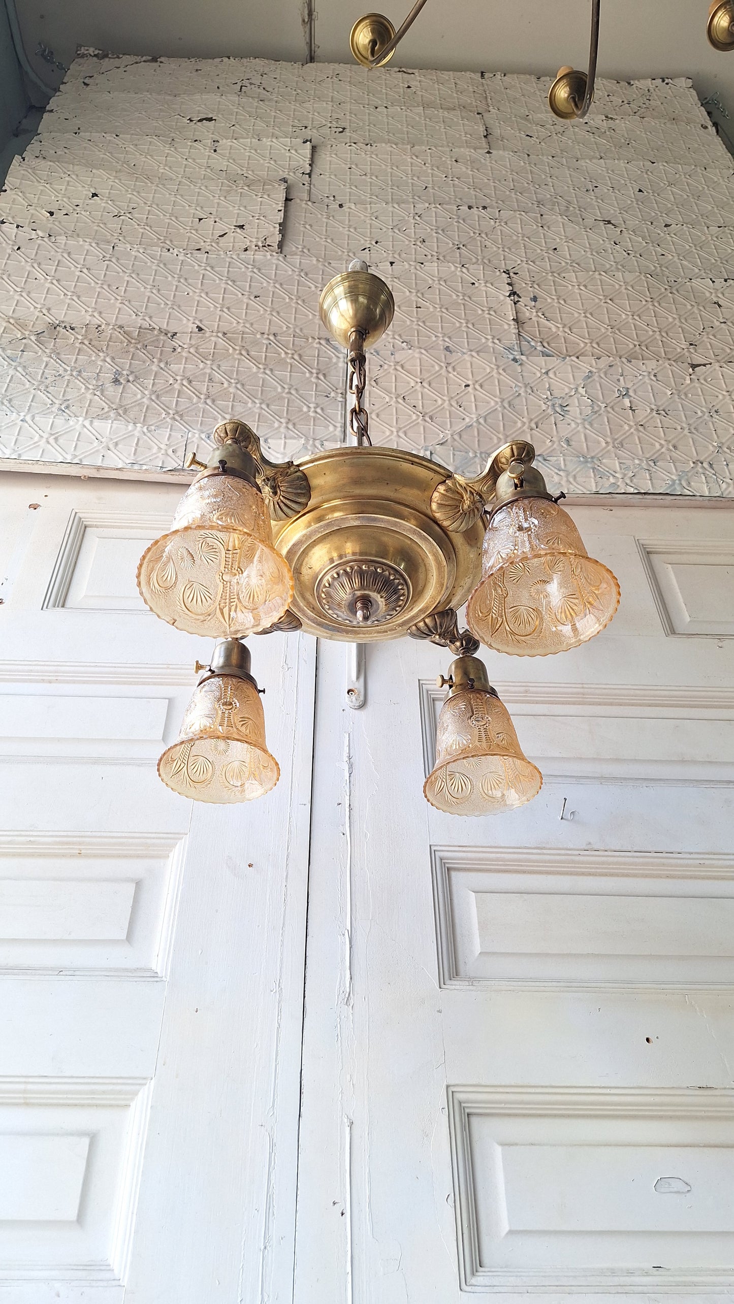 Antique Bronze Chandelier, Pink Glass Shades, Four Arm Pan Light