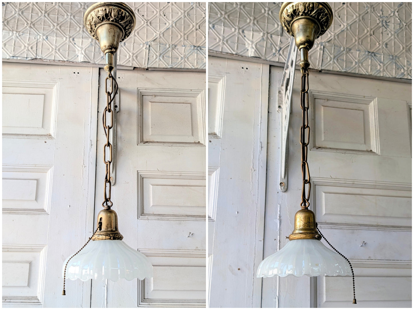 Pair of Clam Broth Shade Pendant Lights, Antique Brass Matching Tulip Shade Fixtures