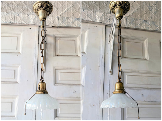 Pair of Clam Broth Shade Pendant Lights, Antique Brass Matching Tulip Shade Fixtures