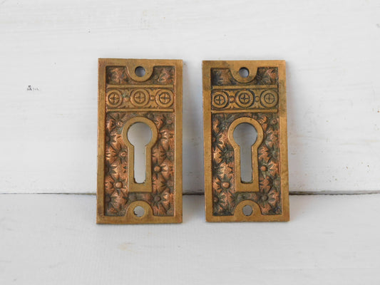 Two Ornate Design Escutcheons, Cushion Design, Antique Key Hole Covers 021503