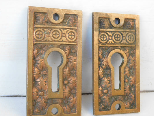 Two Ornate Design Escutcheons, Cushion Design, Antique Key Hole Covers 021503