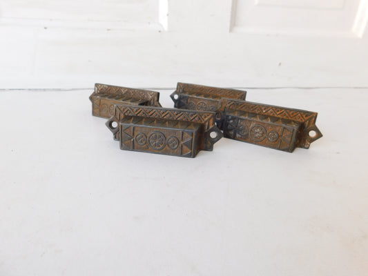Four Antique Cast Iron Eastlake Handles with Fancy Design, Four Old Ornate Bin Pulls