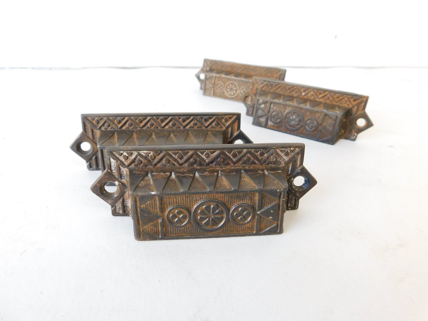 Four Antique Cast Iron Eastlake Handles with Fancy Design, Four Old Ornate Bin Pulls