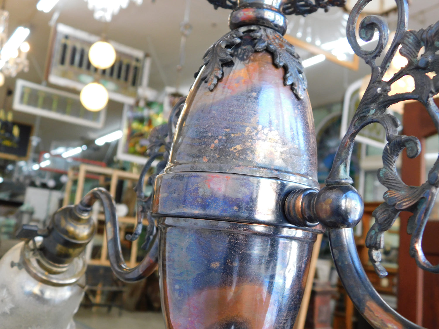 Antique Japanned Brass Chandelier, Two Arm Victorian Era Ceiling
