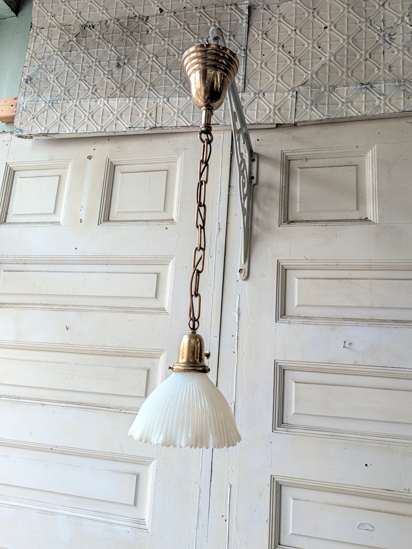 Scalloped Milk Glass Light Fixture, Vintage Pendant Fixture