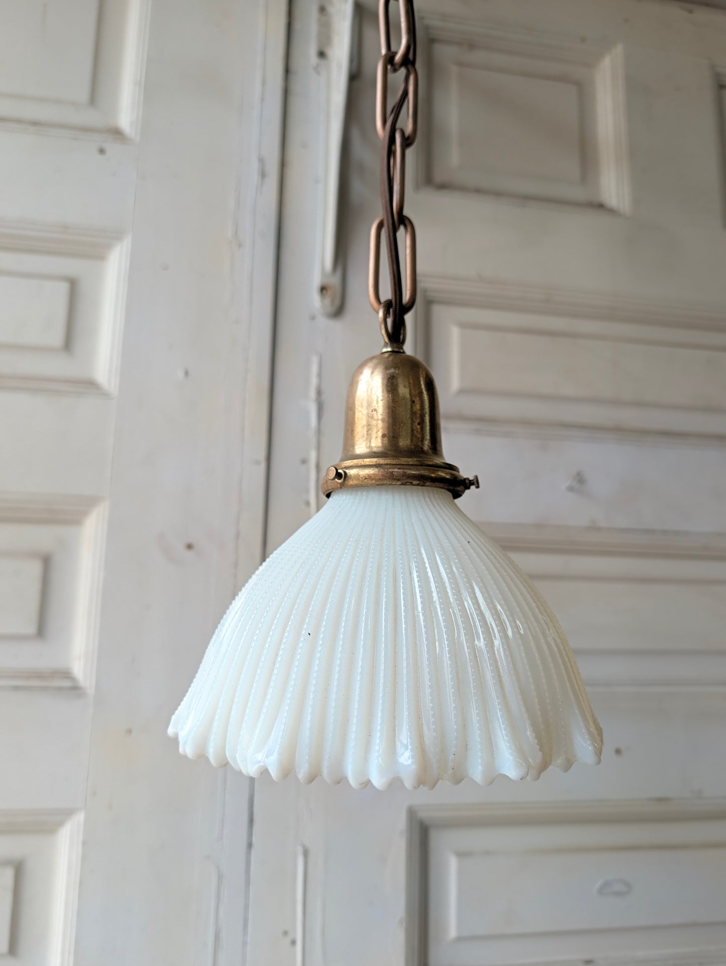 Scalloped Milk Glass Light Fixture, Vintage Pendant Fixture