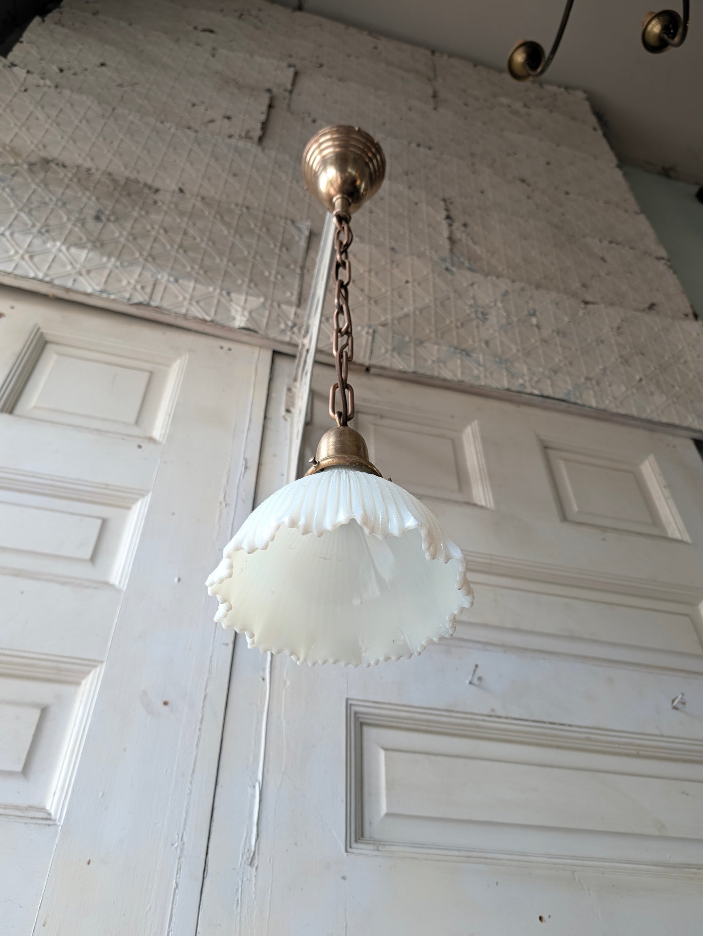 Scalloped Milk Glass Light Fixture, Vintage Pendant Fixture