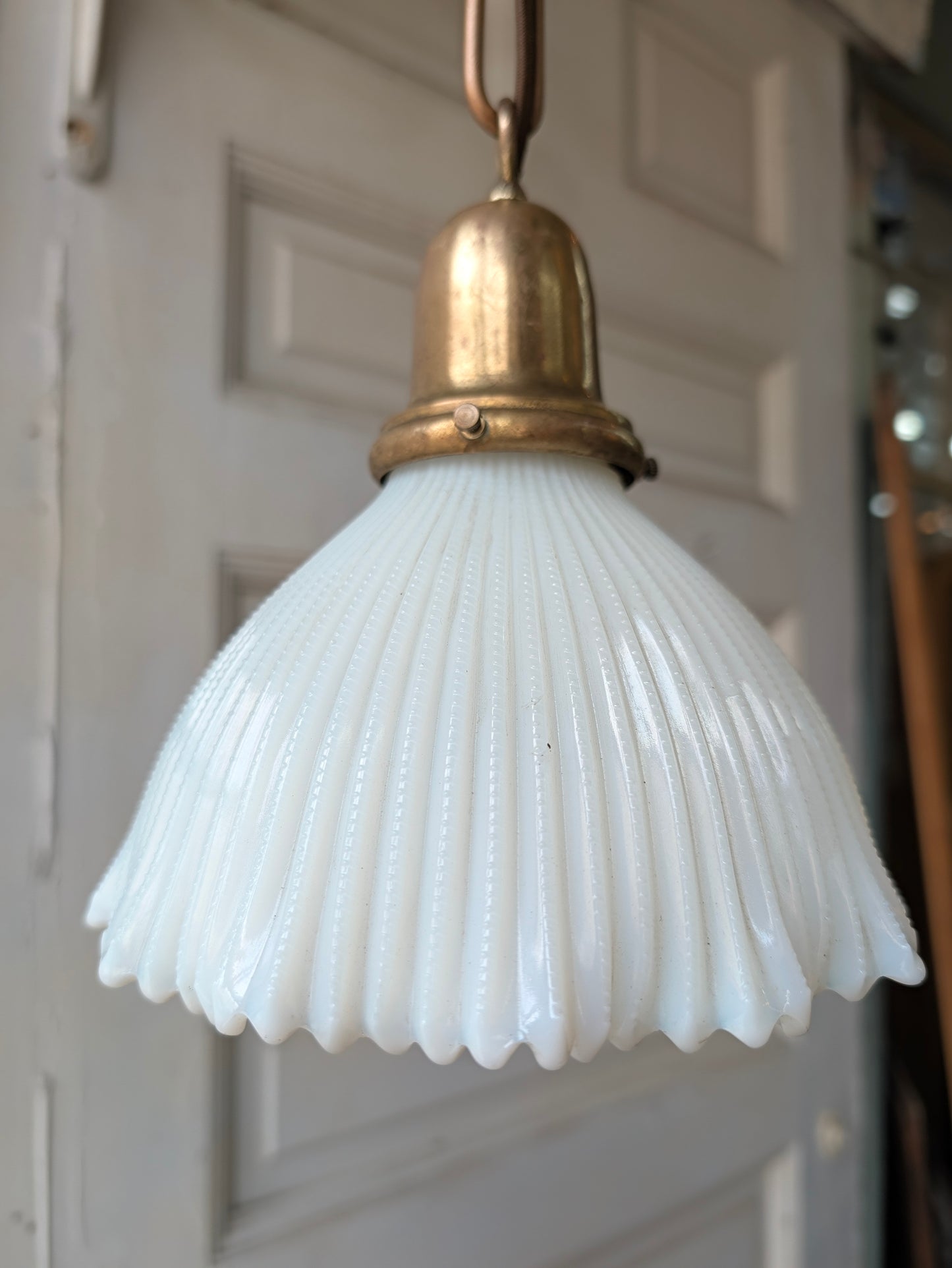 Scalloped Milk Glass Light Fixture, Vintage Pendant Fixture