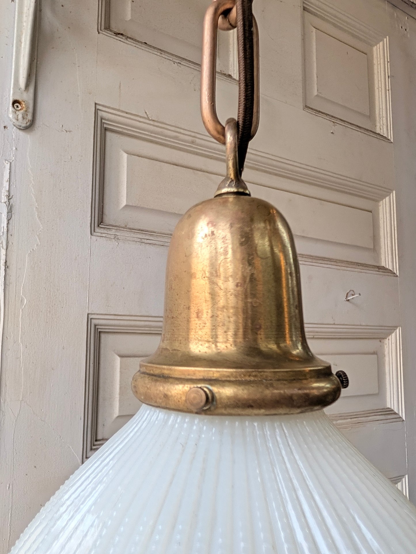 Scalloped Milk Glass Light Fixture, Vintage Pendant Fixture
