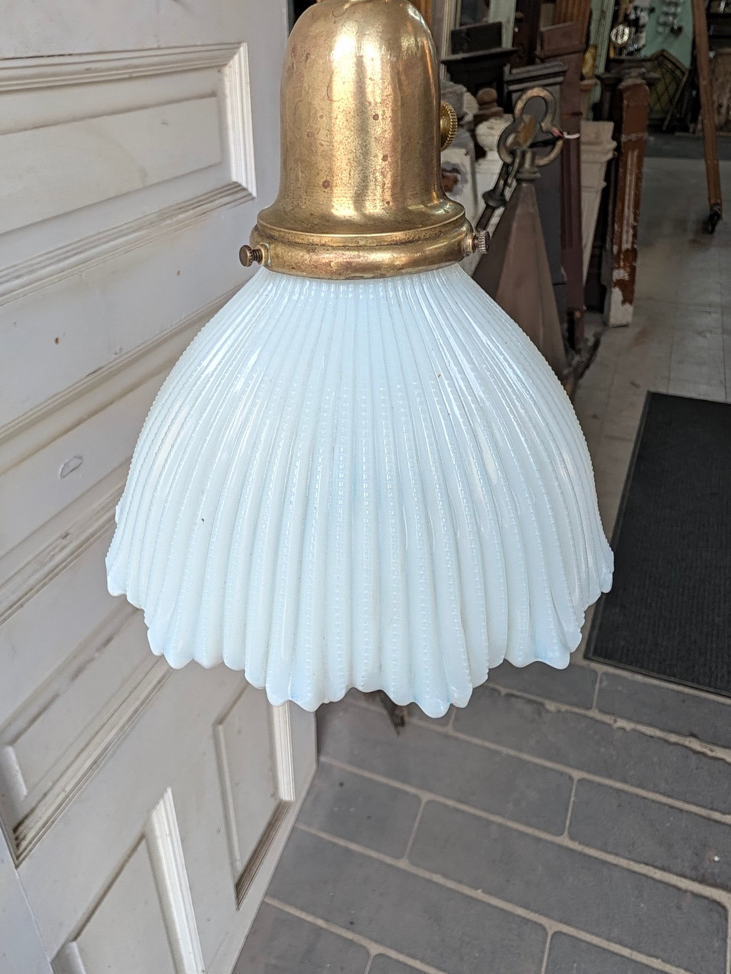 Scalloped Milk Glass Light Fixture, Vintage Pendant Fixture