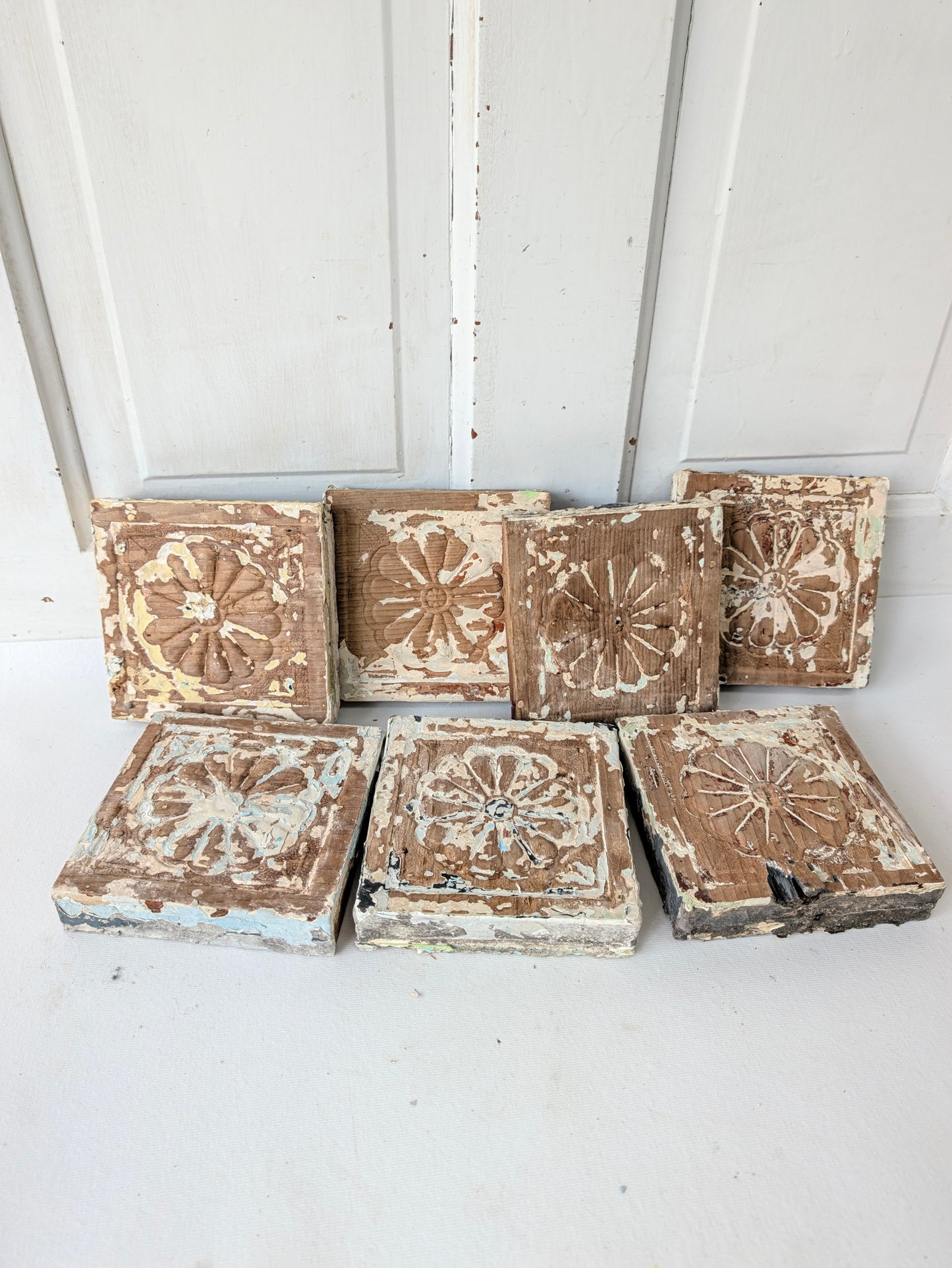Antique Carved Wood Plinth Blocks, Rosette Flower Corner, Set of 7