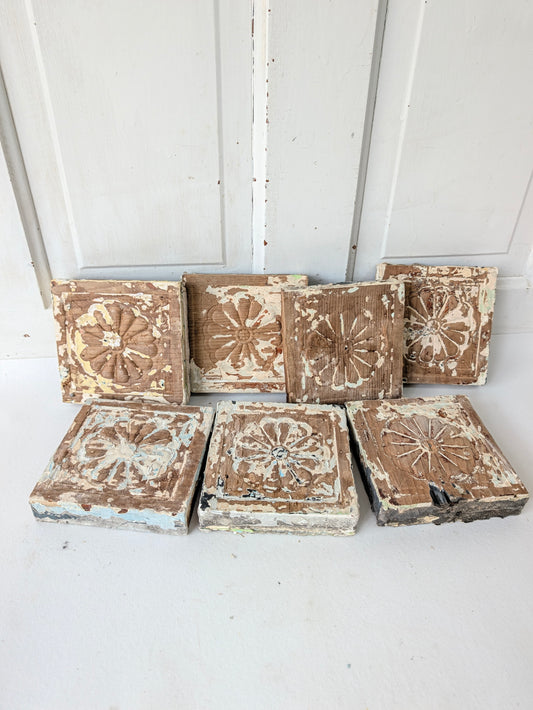 Antique Carved Wood Plinth Blocks, Rosette Flower Corner, Set of 7