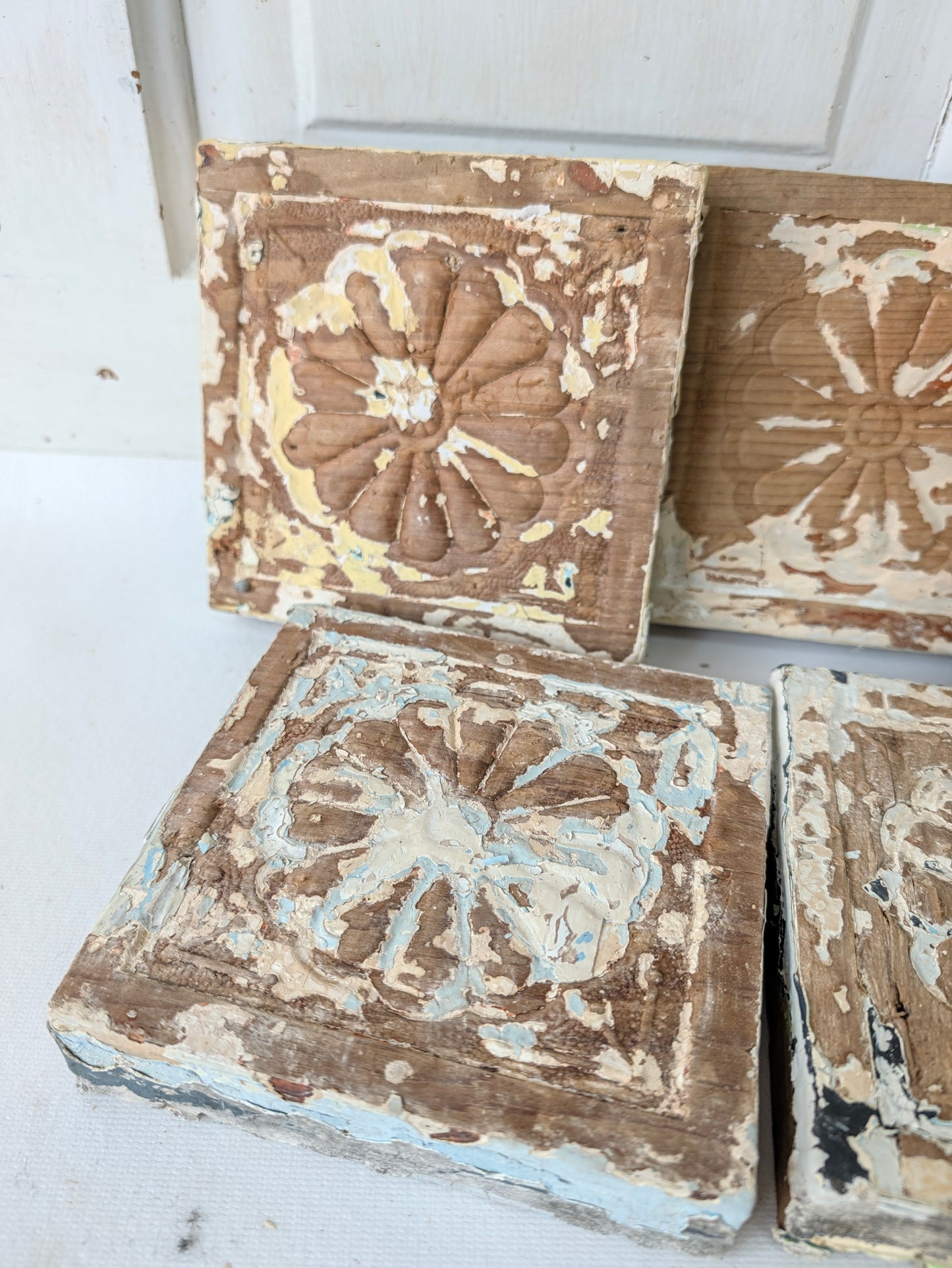 Antique Carved Wood Plinth Blocks, Rosette Flower Corner, Set of 7