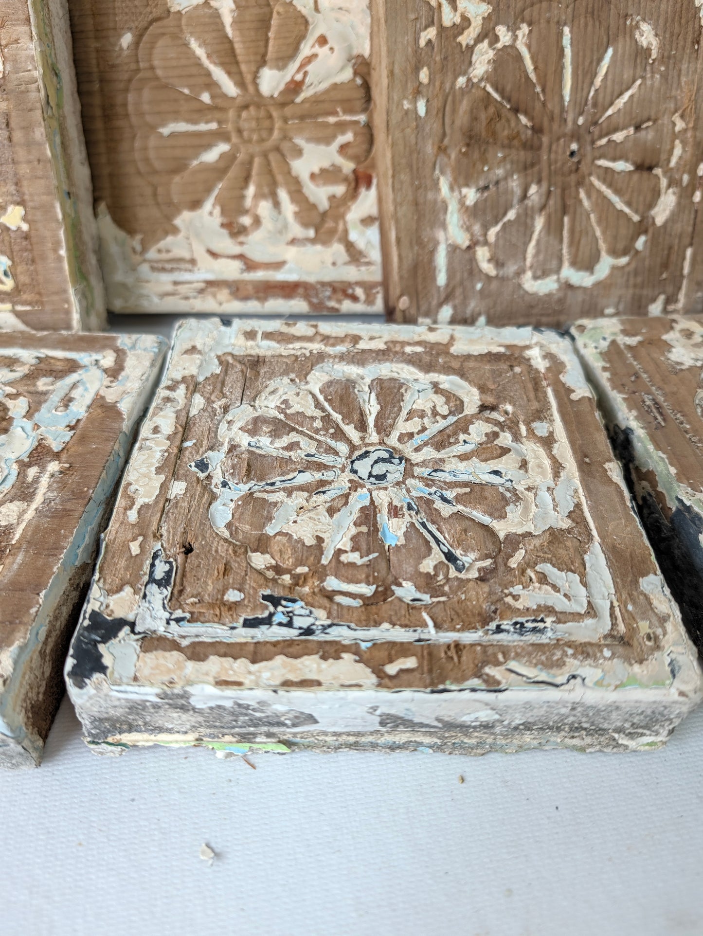 Antique Carved Wood Plinth Blocks, Rosette Flower Corner, Set of 7