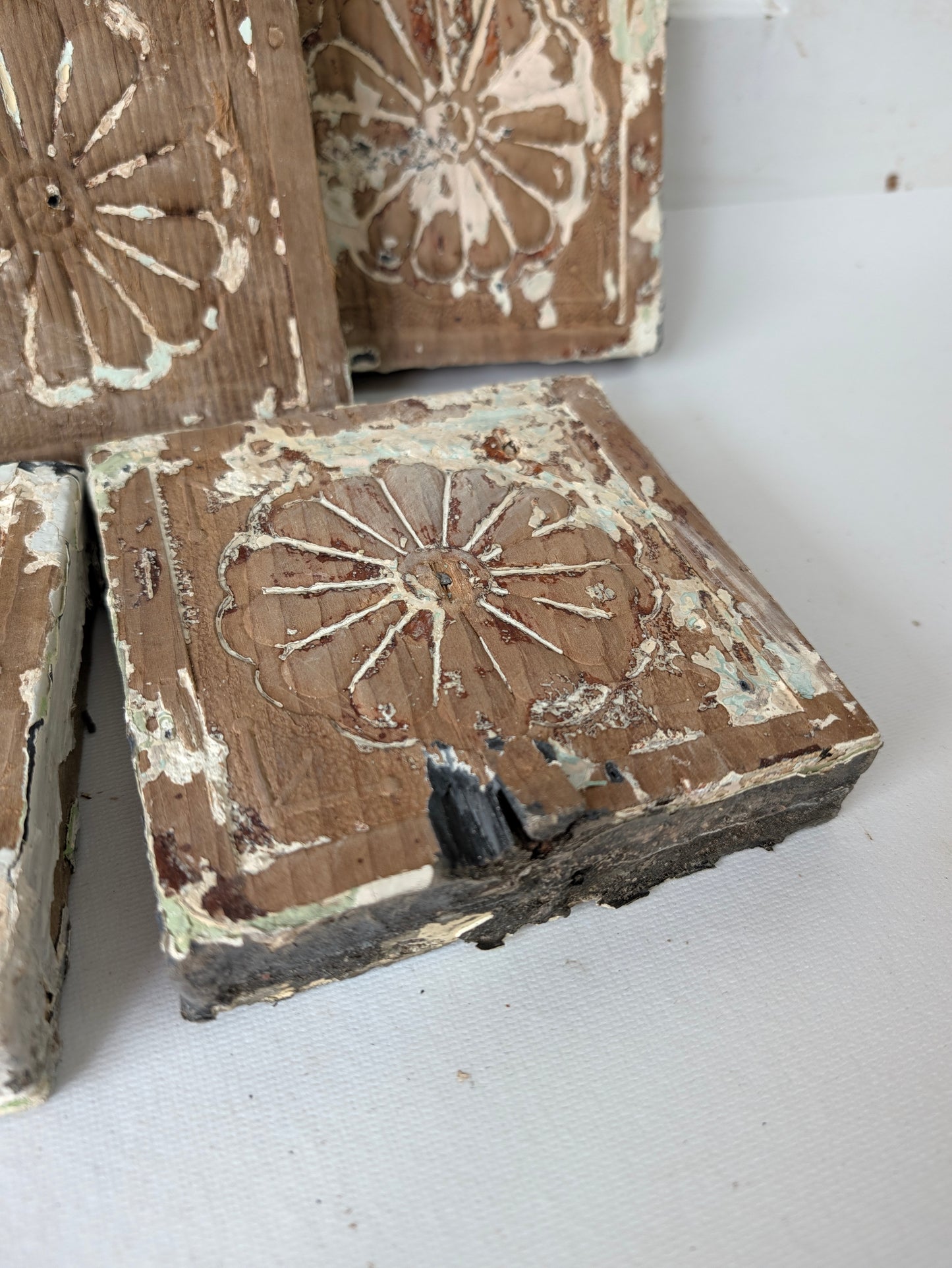 Antique Carved Wood Plinth Blocks, Rosette Flower Corner, Set of 7
