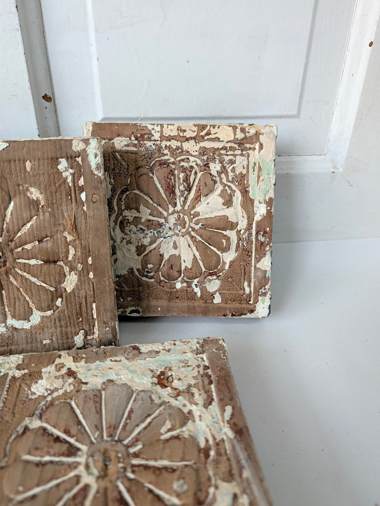 Antique Carved Wood Plinth Blocks, Rosette Flower Corner, Set of 7