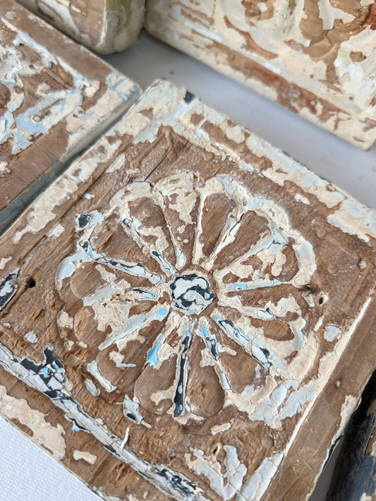 Antique Carved Wood Plinth Blocks, Rosette Flower Corner, Set of 7