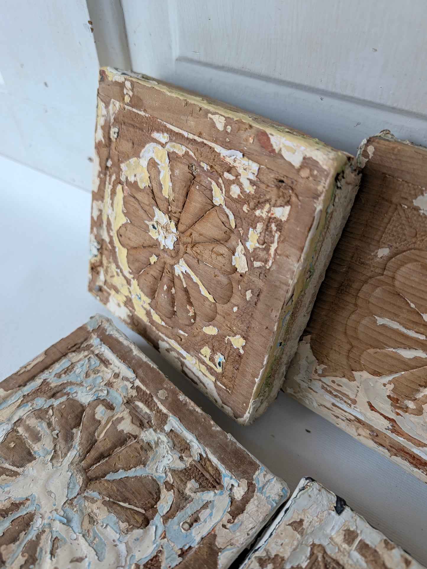 Antique Carved Wood Plinth Blocks, Rosette Flower Corner, Set of 7