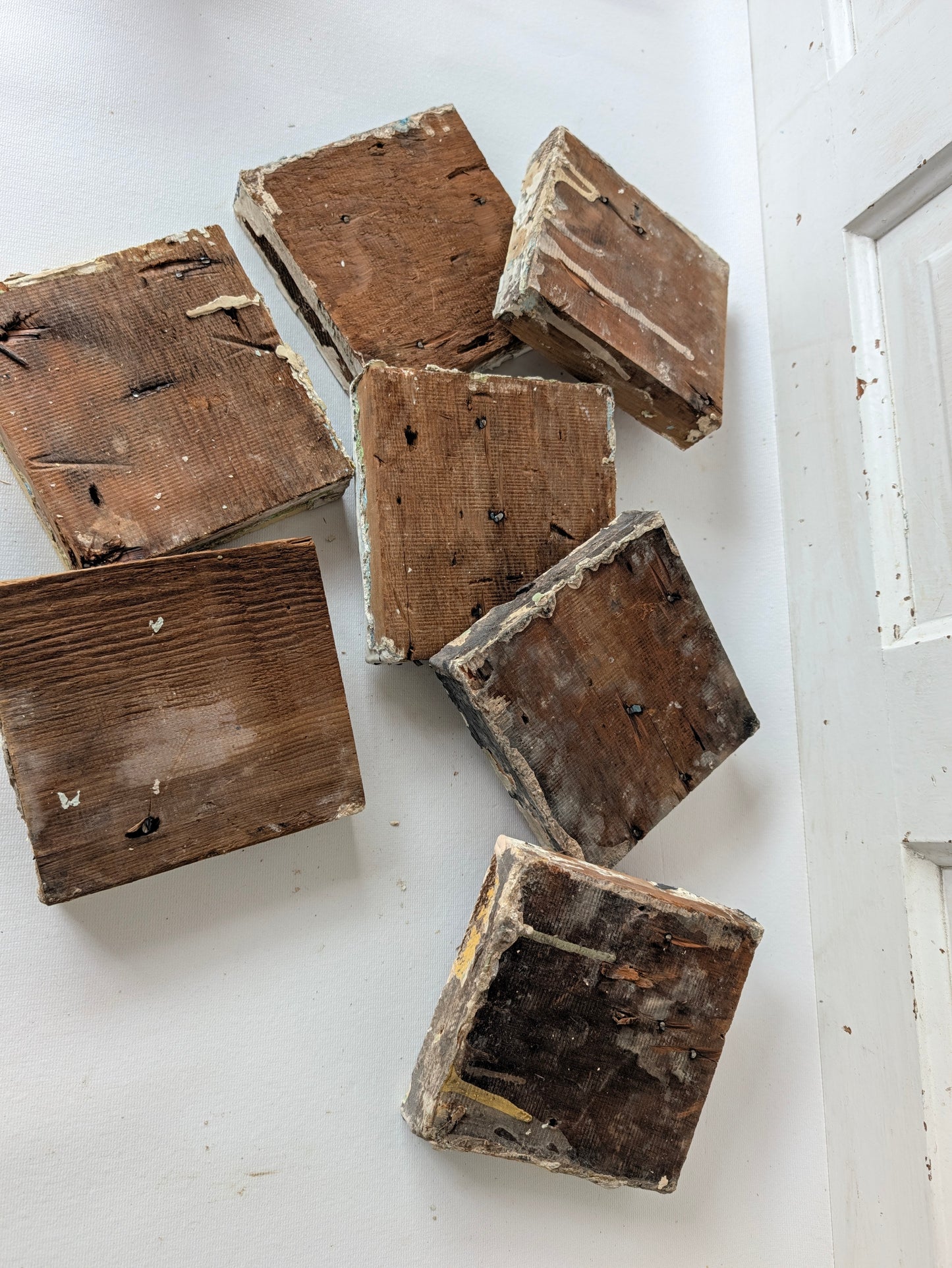 Antique Carved Wood Plinth Blocks, Rosette Flower Corner, Set of 7
