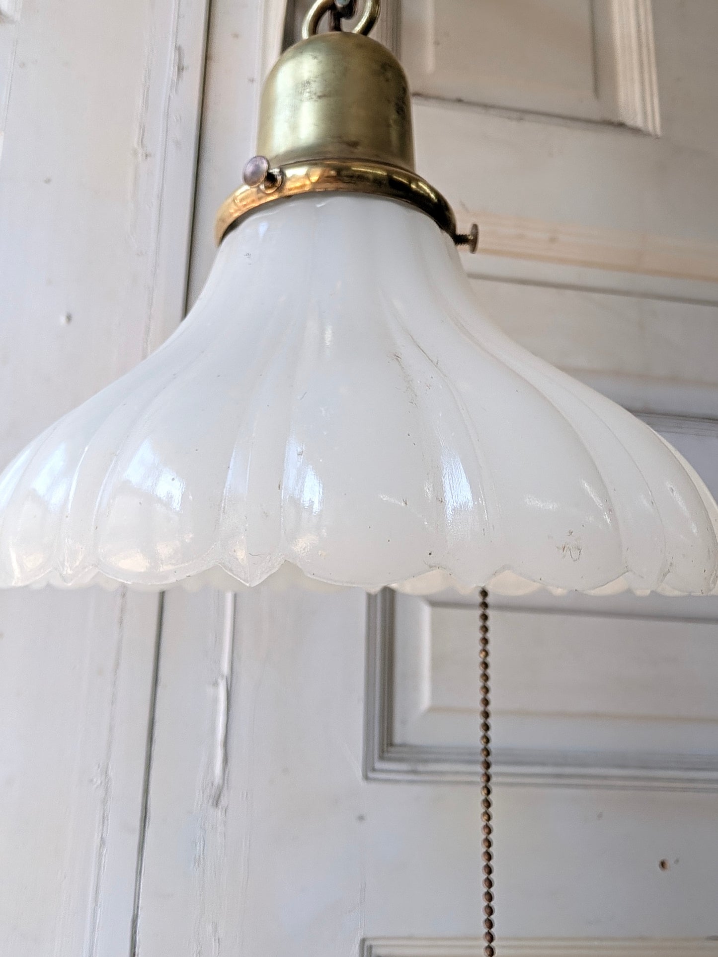 Scalloped Clam Broth Glass Light Fixture, Vintage Pull Chain Fixture
