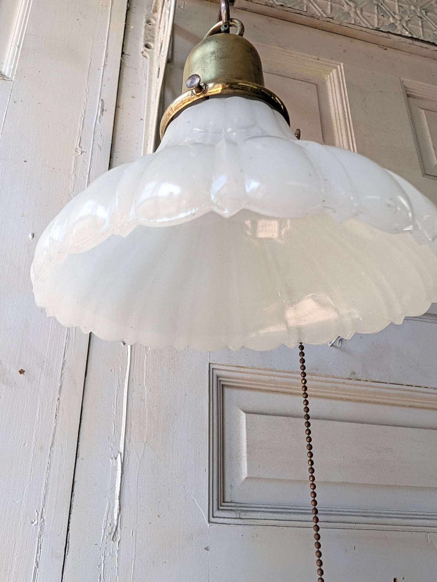 Scalloped Clam Broth Glass Light Fixture, Vintage Pull Chain Fixture