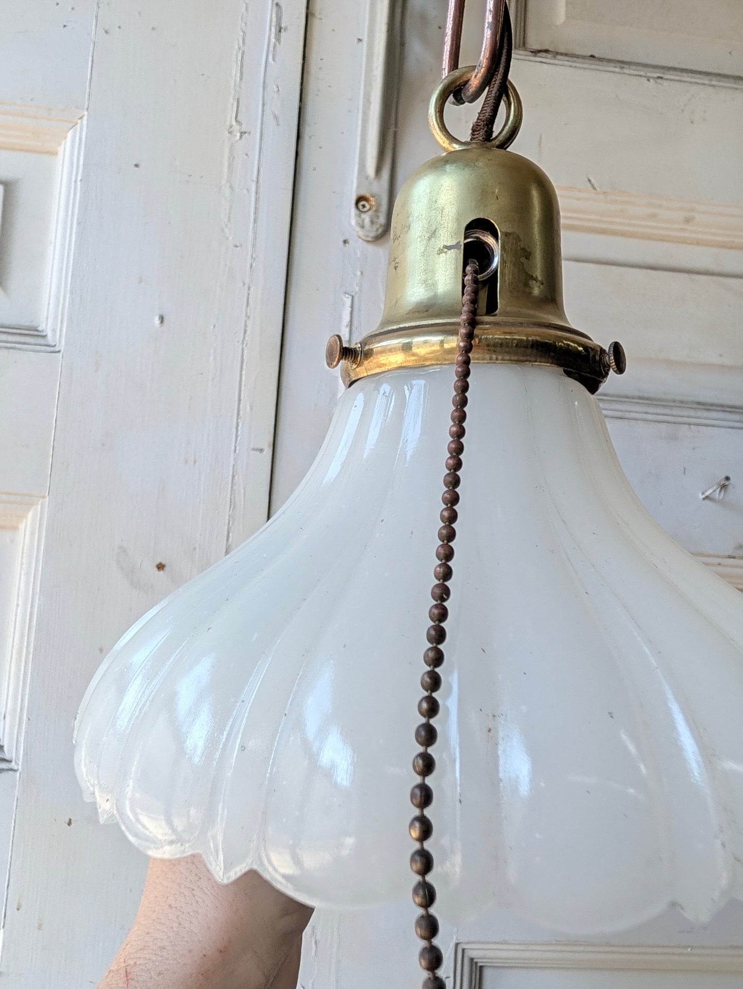 Scalloped Clam Broth Glass Light Fixture, Vintage Pull Chain Fixture