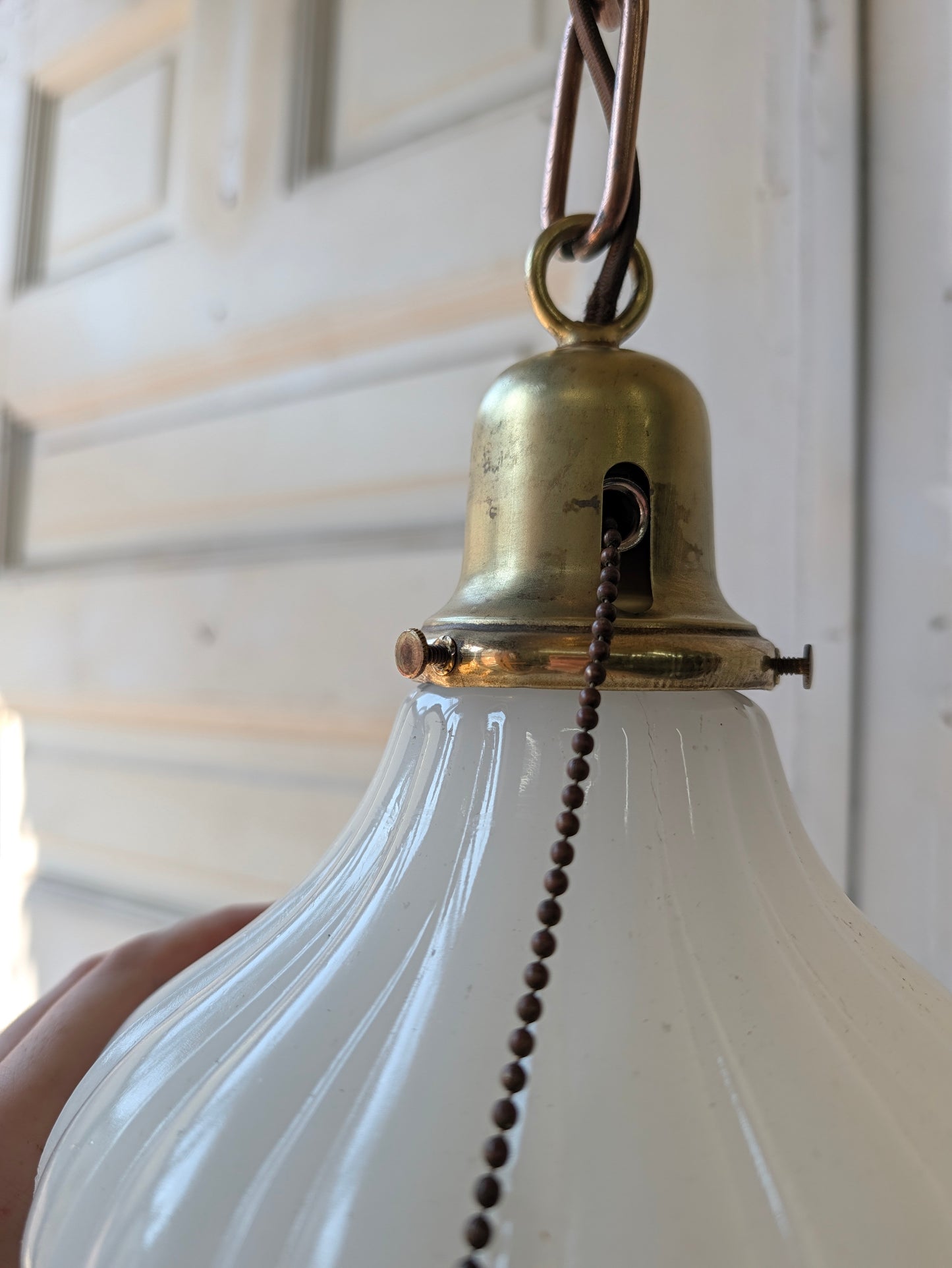 Scalloped Clam Broth Glass Light Fixture, Vintage Pull Chain Fixture