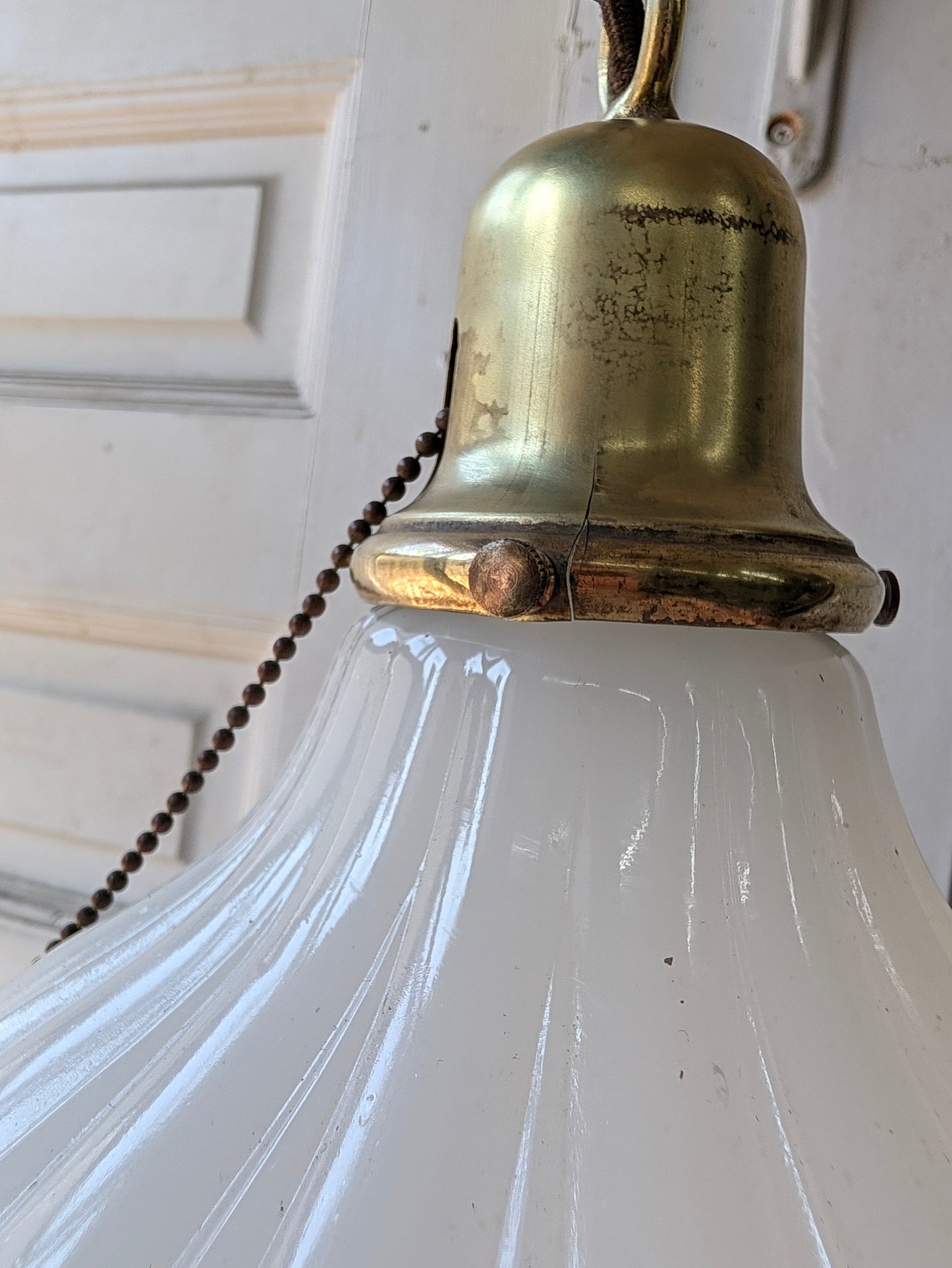 Scalloped Clam Broth Glass Light Fixture, Vintage Pull Chain Fixture
