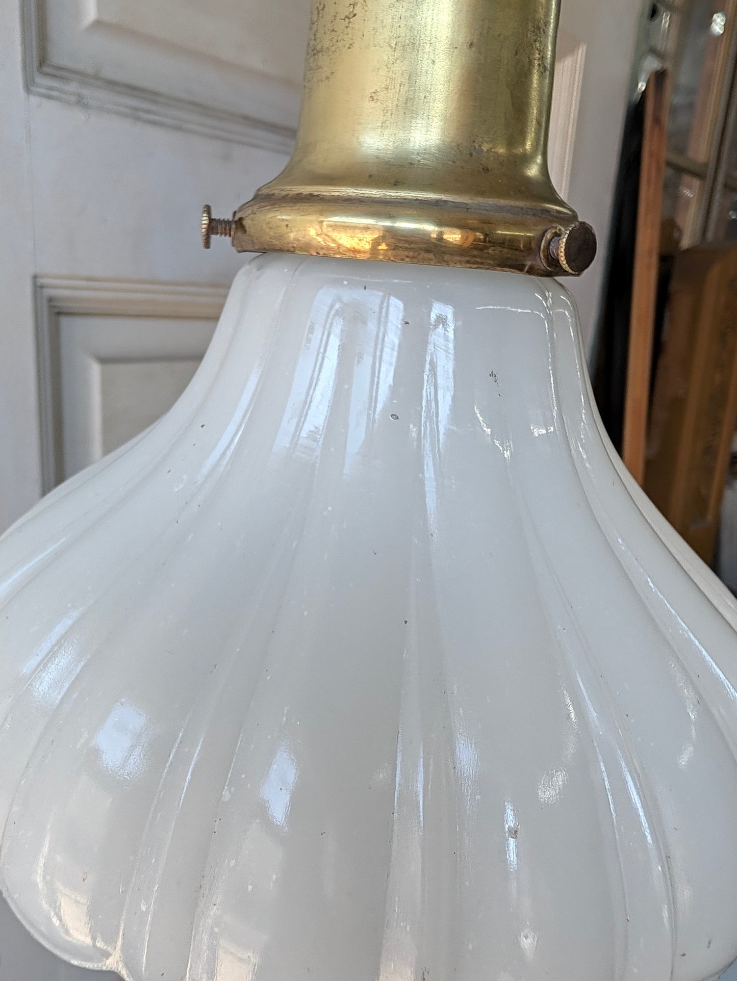 Scalloped Clam Broth Glass Light Fixture, Vintage Pull Chain Fixture