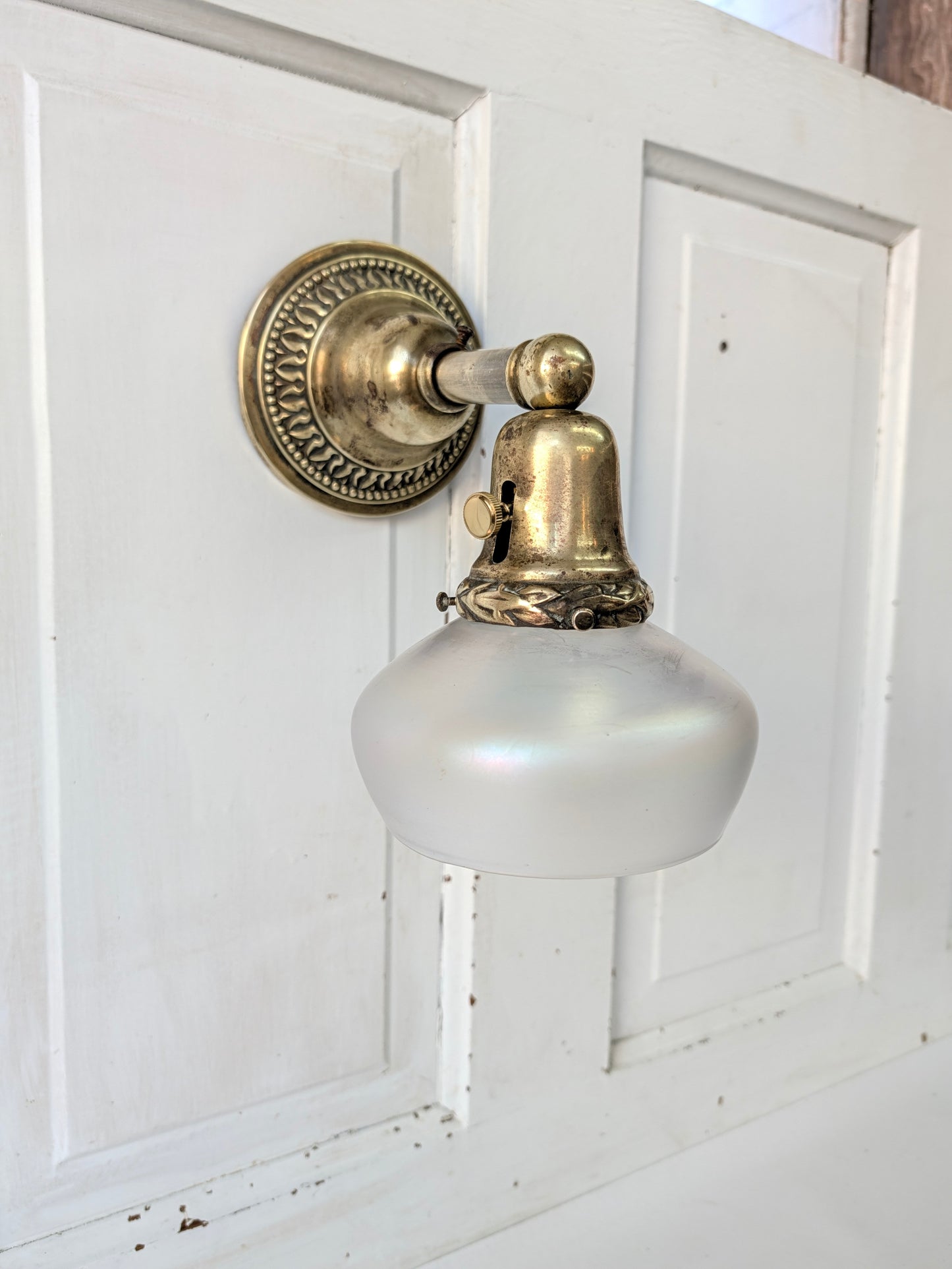 Antique Brass Sconce with Glass Shade, Wall Light and Irridescent Shade
