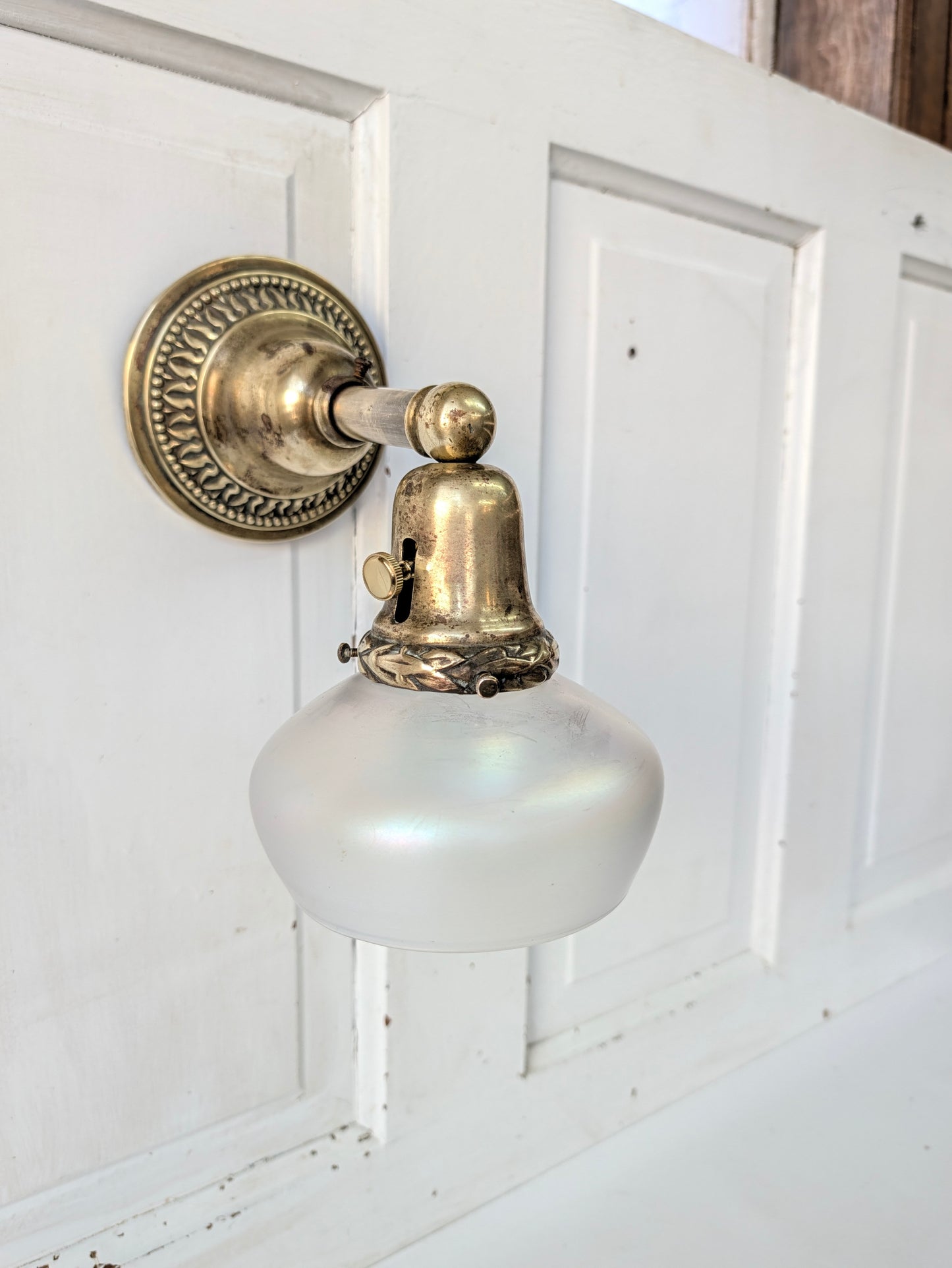 Antique Brass Sconce with Glass Shade, Wall Light and Irridescent Shade