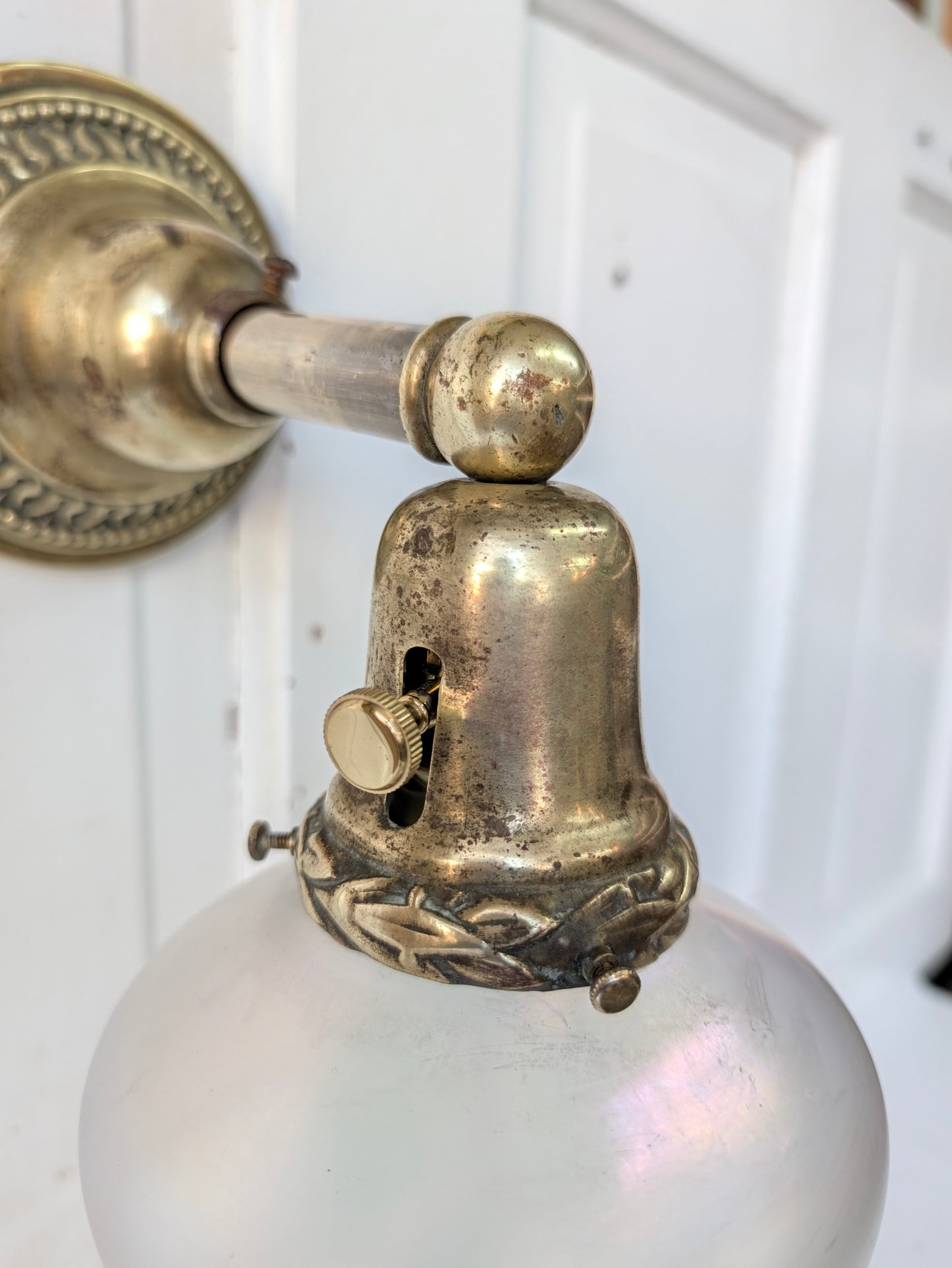 Antique Brass Sconce with Glass Shade, Wall Light and Irridescent Shade