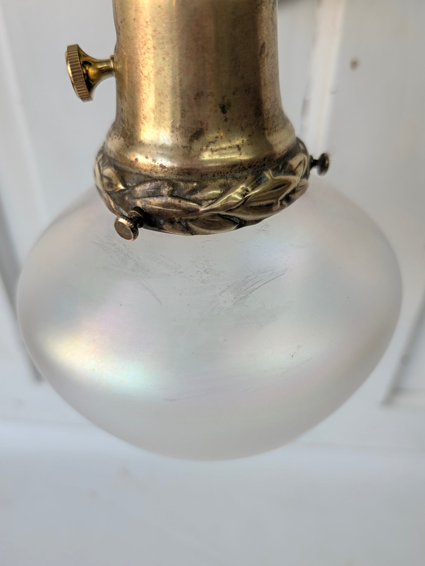 Antique Brass Sconce with Glass Shade, Wall Light and Irridescent Shade