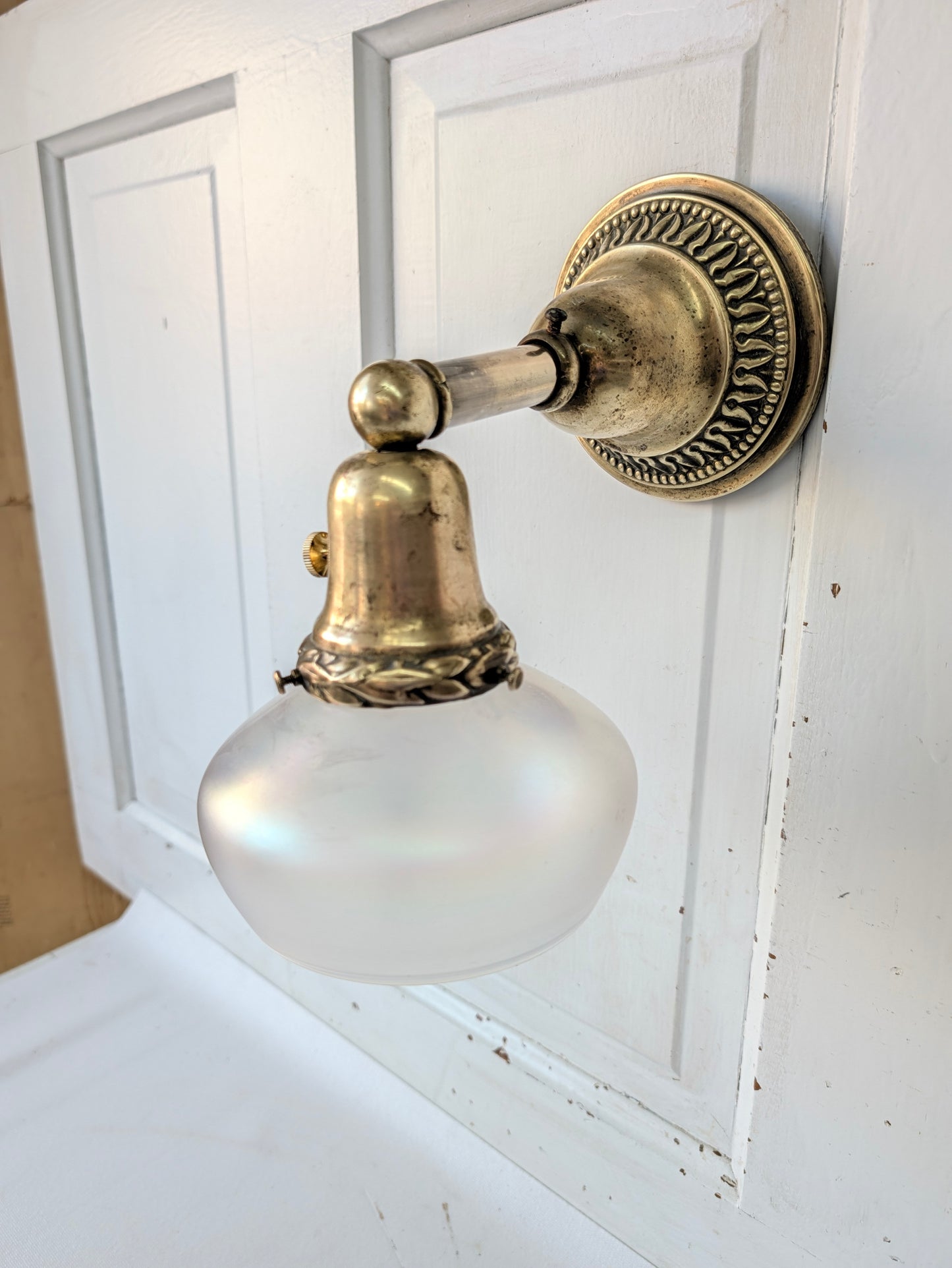 Antique Brass Sconce with Glass Shade, Wall Light and Irridescent Shade