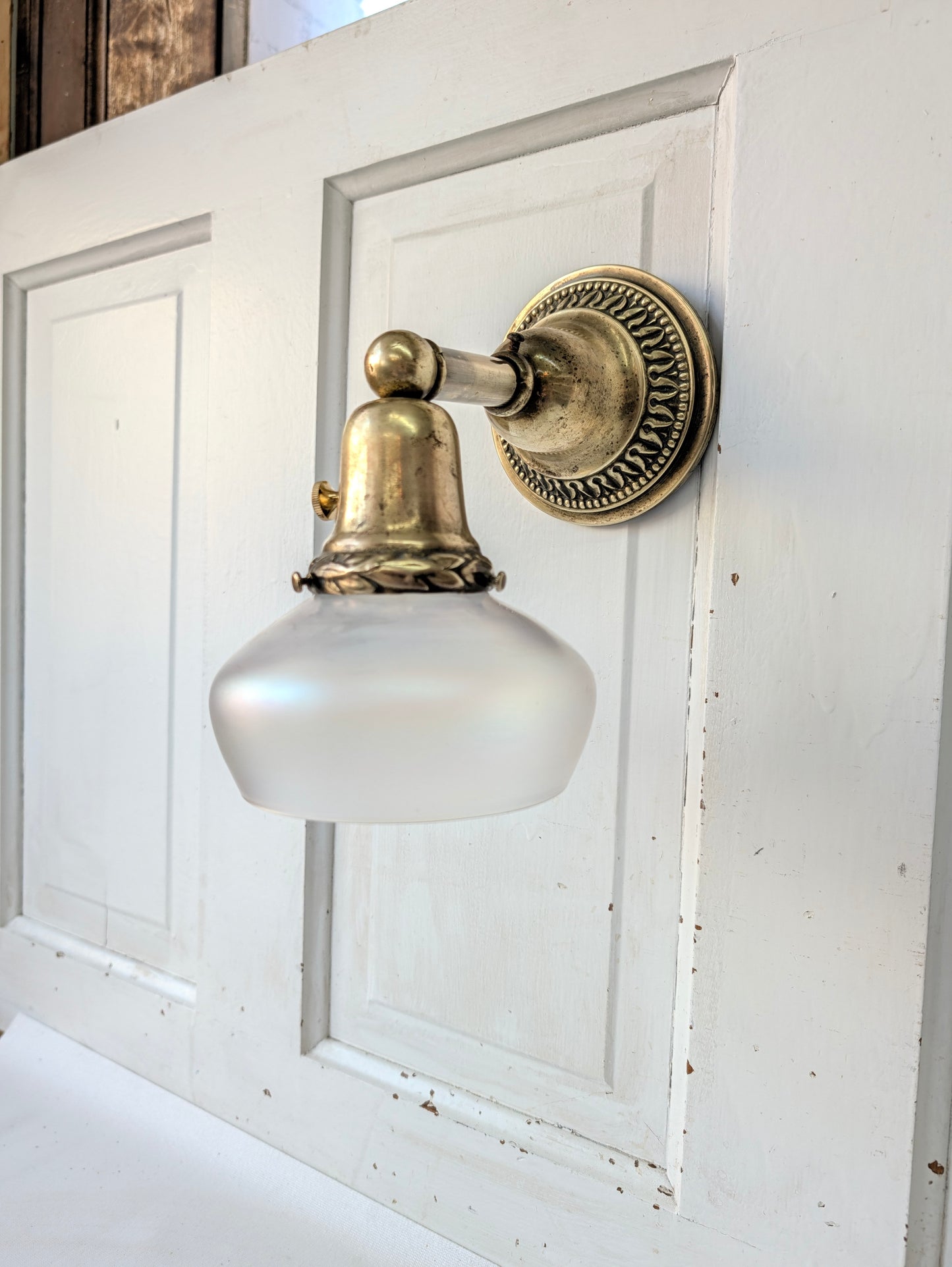 Antique Brass Sconce with Glass Shade, Wall Light and Irridescent Shade