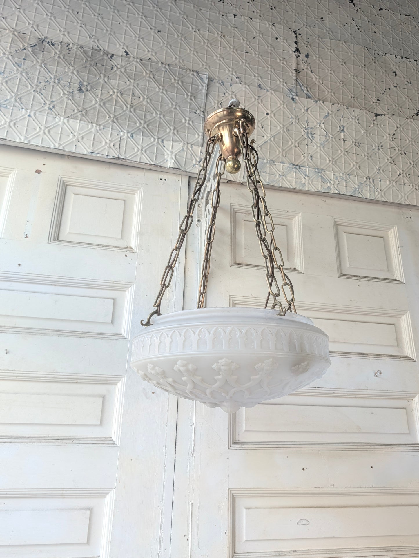 Antique Inverted Dome Chandelier: Molded Glass Shade, Neoclassical Light