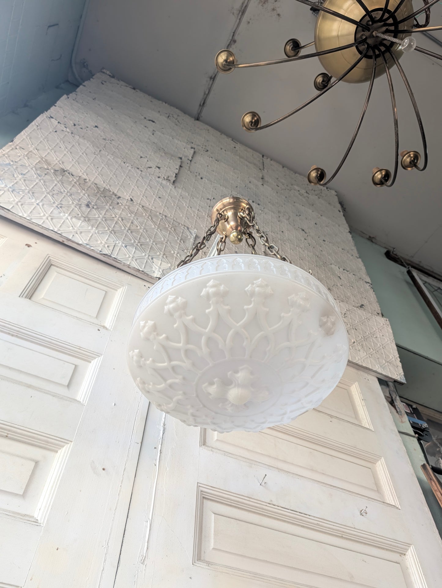 Antique Inverted Dome Chandelier: Molded Glass Shade, Neoclassical Light