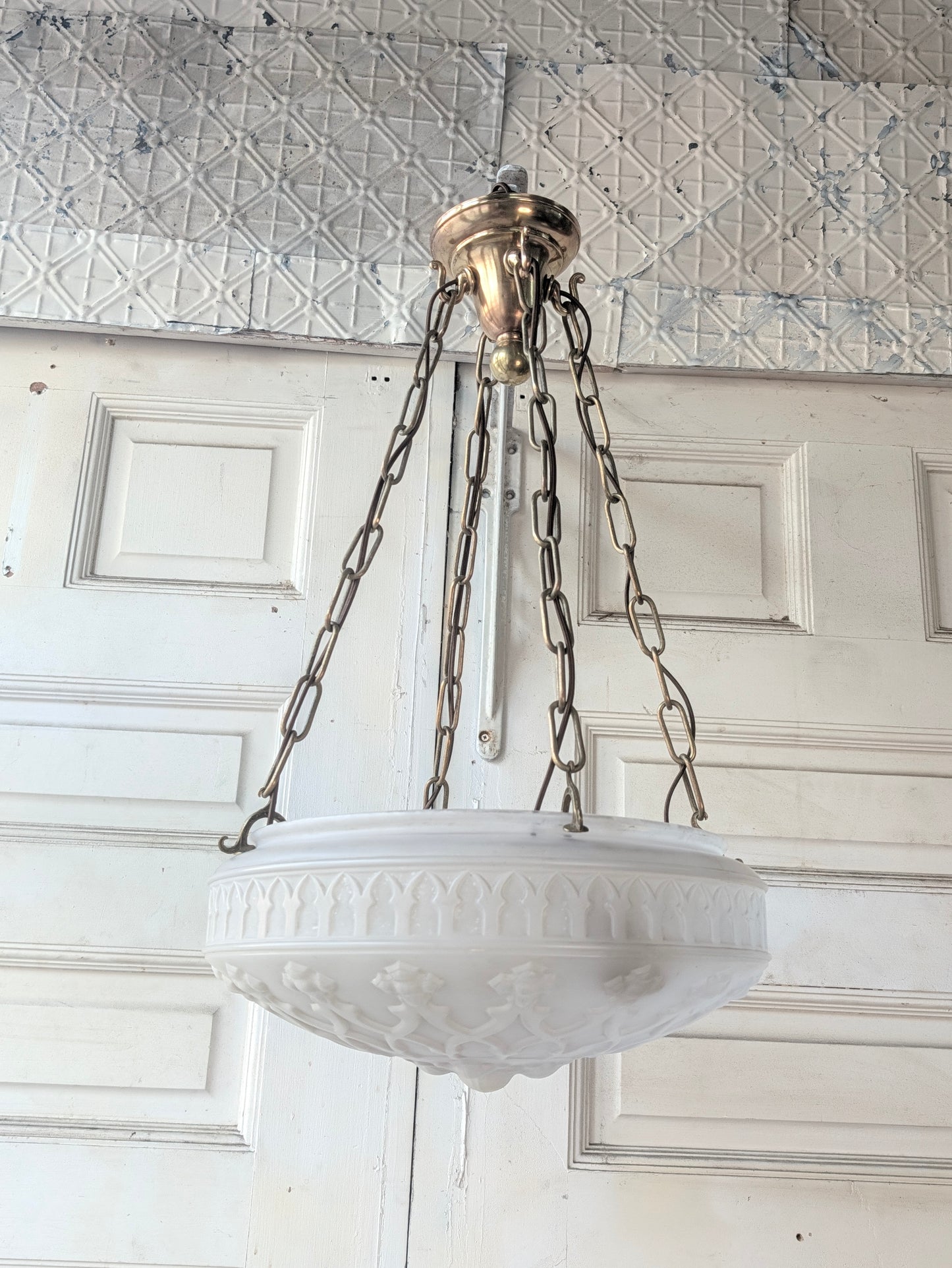Antique Inverted Dome Chandelier: Molded Glass Shade, Neoclassical Light