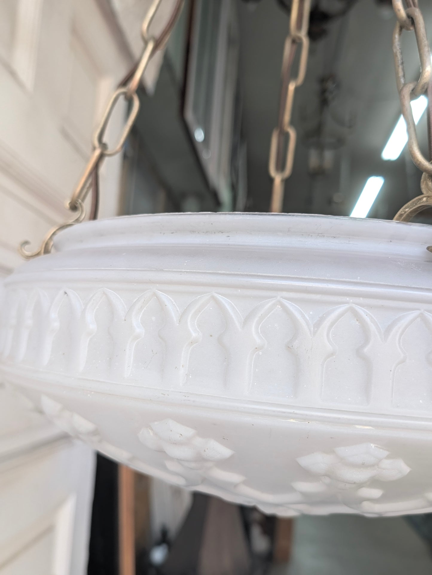 Antique Inverted Dome Chandelier: Molded Glass Shade, Neoclassical Light