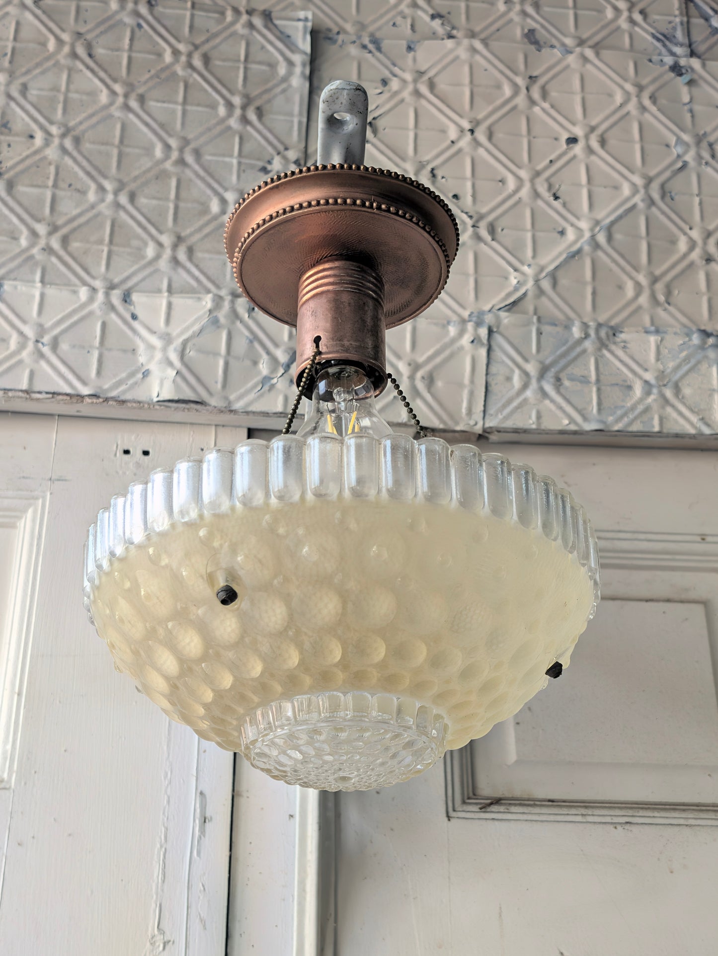 Vintage Yellow Green Bowl Light: Molded Glass Shade, Three Chain Semi Flush