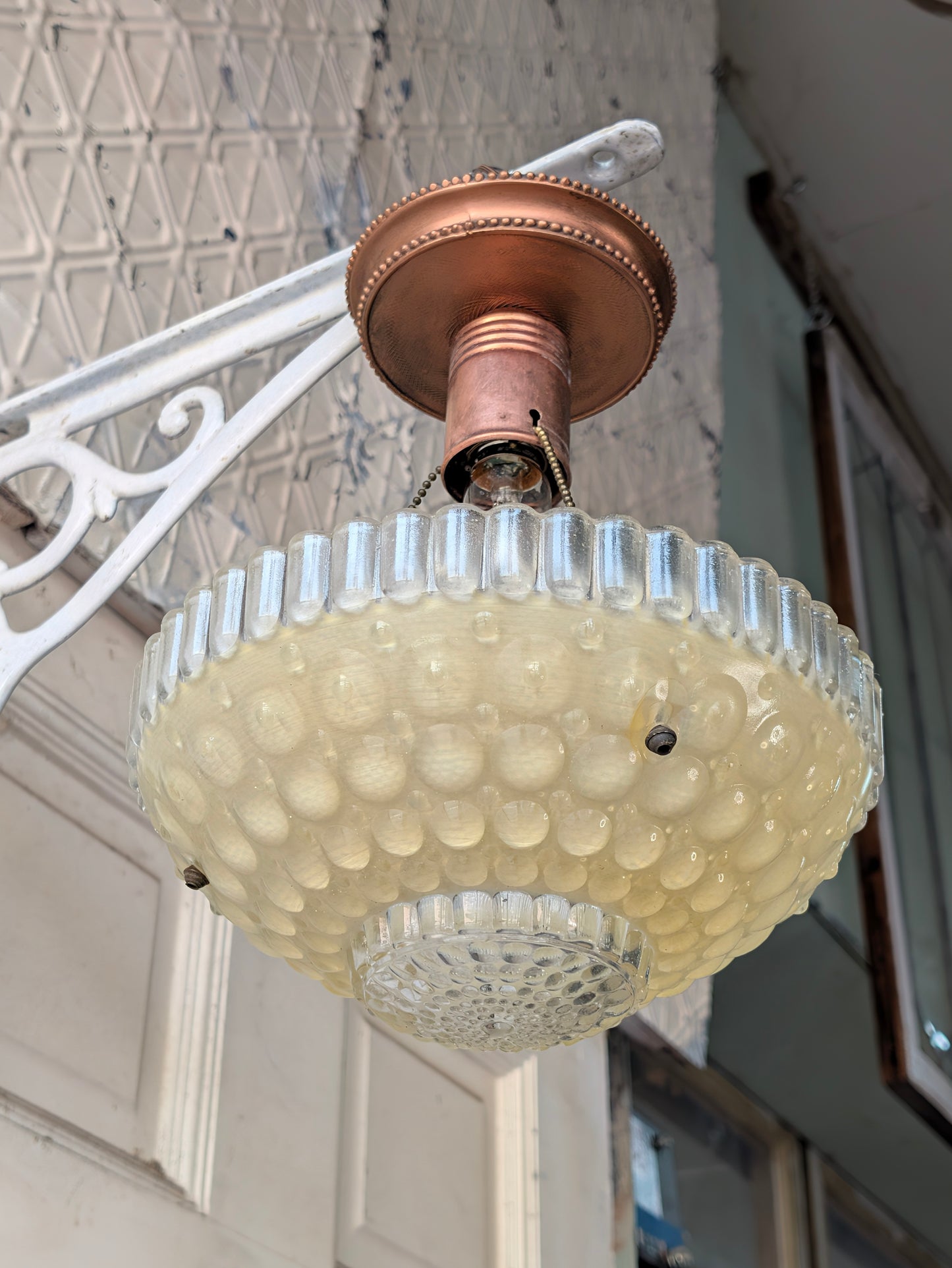 Vintage Yellow Green Bowl Light: Molded Glass Shade, Three Chain Semi Flush