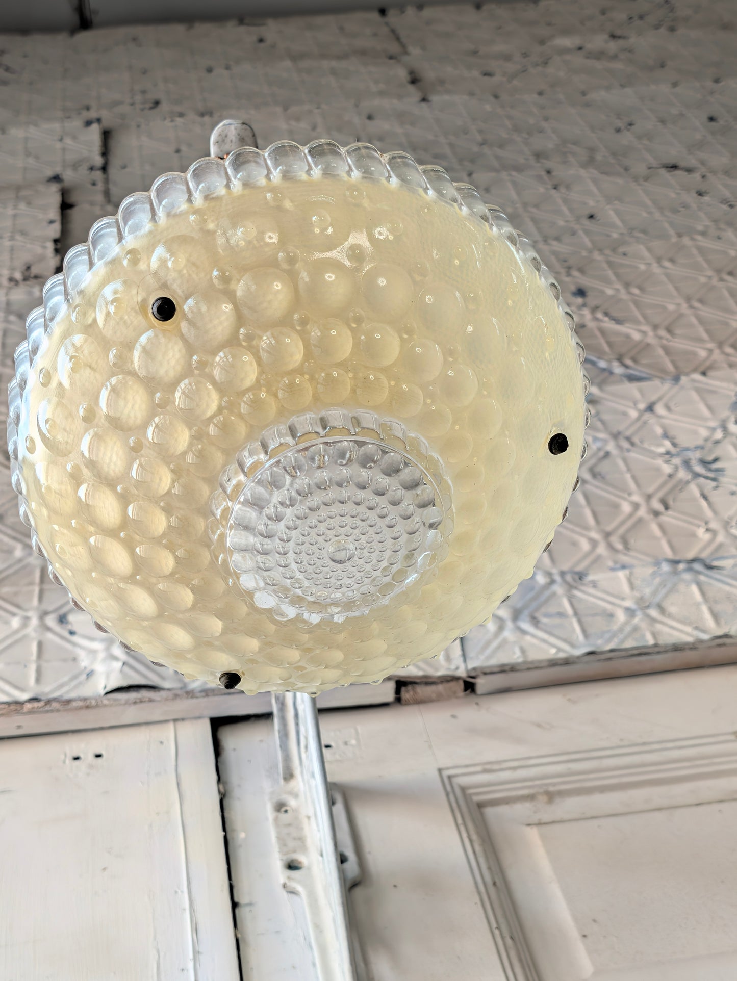 Vintage Yellow Green Bowl Light: Molded Glass Shade, Three Chain Semi Flush