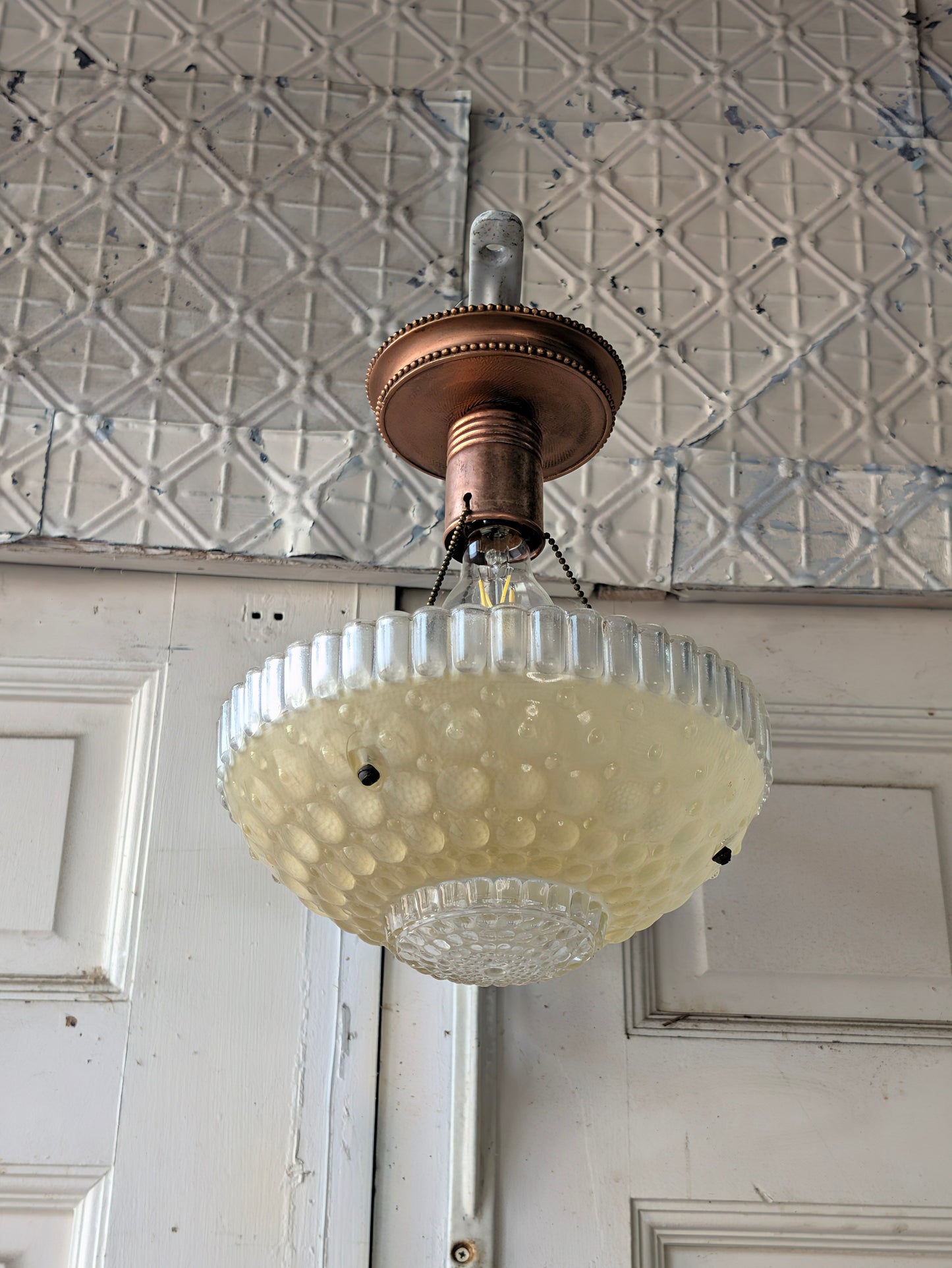 Vintage Yellow Green Bowl Light: Molded Glass Shade, Three Chain Semi Flush