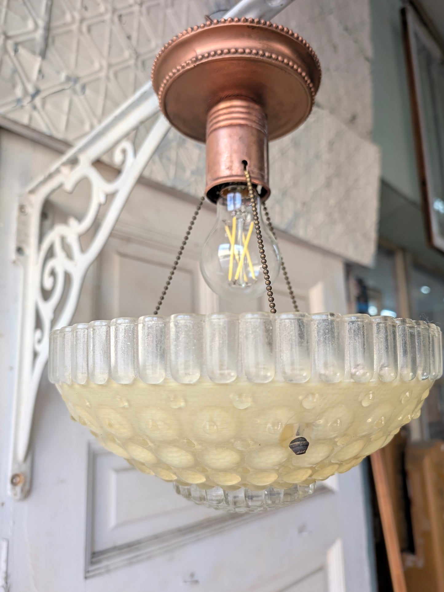 Vintage Yellow Green Bowl Light: Molded Glass Shade, Three Chain Semi Flush