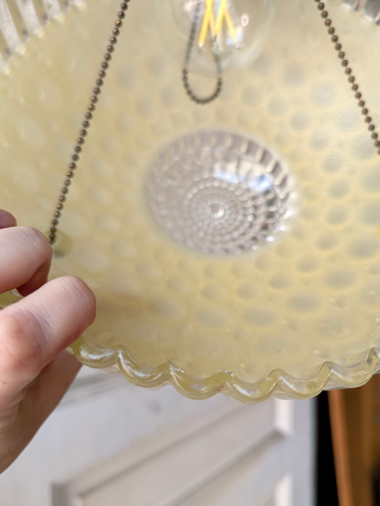 Vintage Yellow Green Bowl Light: Molded Glass Shade, Three Chain Semi Flush